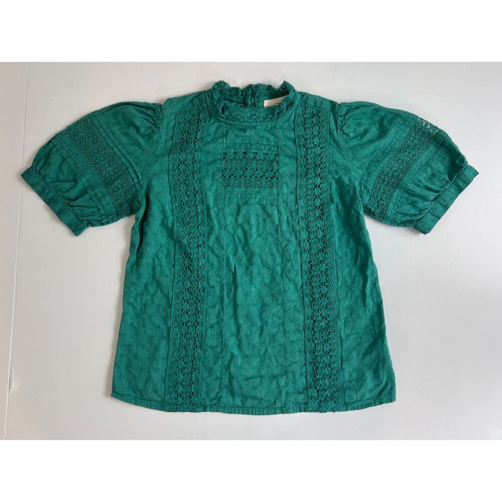 Universal Thread Women's Puff Sleeve Top Green Cotton Lace Detail Size XS